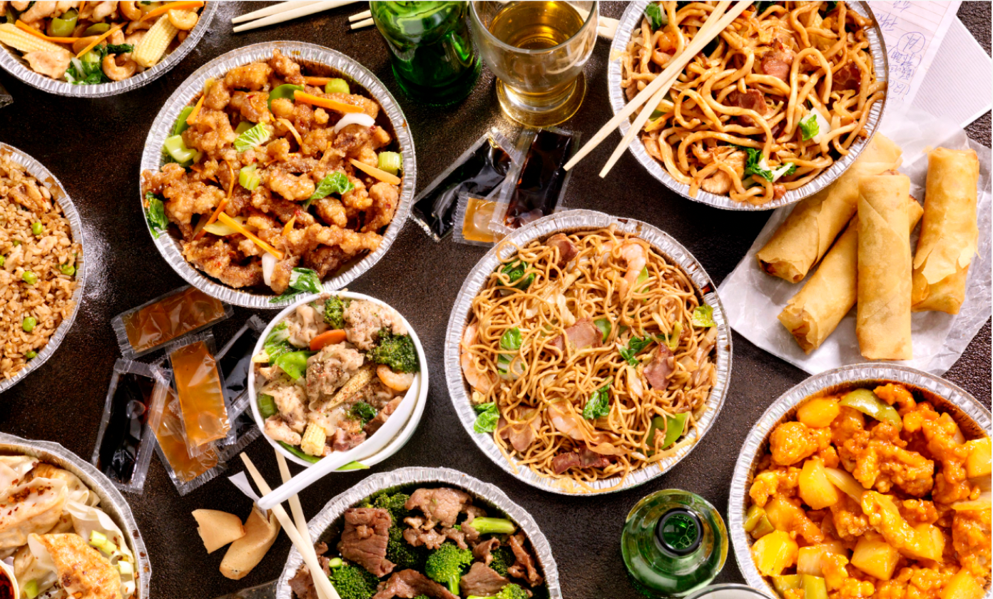 background image that consist of multiple chinese takeout dishes